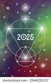 Sacred geometry New Year 2025 festive greeting card. Esoteric Holiday design on cosmic background for spirituality related event or calendar