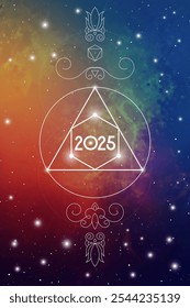 Geometria Sagrada Ano Novo 2025 cartão de saudação festiva. Projeto de feriado esotérico sobre fundo cósmico para evento ou calendário relacionado à espiritualidade