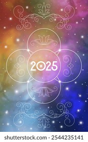 Sacred geometry New Year 2025 festive greeting card. Esoteric Holiday design on cosmic background for spirituality related event or calendar