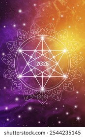 Sacred geometry New Year 2025 festive greeting card. Esoteric Holiday design on cosmic background for spirituality related event or calendar