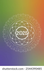 Sacred geometry New Year 2025 festive greeting card. Esoteric Holiday design on cosmic background for spirituality related event or calendar