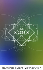 Sacred geometry New Year 2025 festive greeting card. Esoteric Holiday design on cosmic background for spirituality related event or calendar