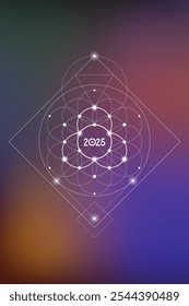 Sacred geometry New Year 2025 festive greeting card. Esoteric Holiday design on cosmic background for spirituality related event or calendar