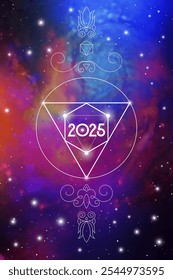 Sacred geometry New Year 2025 festive greeting card. Esoteric Holiday design on cosmic background for spirituality related event or calendar