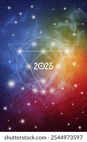 Sacred geometry New Year 2025 festive greeting card. Esoteric Holiday design on cosmic background for spirituality related event or calendar