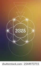 Sacred geometry New Year 2025 festive greeting card. Esoteric Holiday design on cosmic background for spirituality related event or calendar