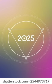 Sacred geometry New Year 2025 festive greeting card. Esoteric Holiday design on cosmic background for spirituality related event or calendar