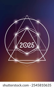 Sacred geometry New Year 2025 festive greeting card. Esoteric Holiday design on cosmic background for spirituality related event or calendar