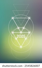 Sacred geometry New Year 2025 festive greeting card. Esoteric Holiday design on cosmic background for spirituality related event or calendar