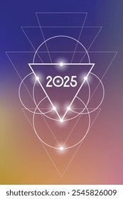 Geometria Sagrada Ano Novo 2025 cartão de saudação festiva. Projeto de feriado esotérico sobre fundo cósmico para evento ou calendário relacionado à espiritualidade