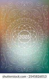 Sacred geometry New Year 2025 festive greeting card. Esoteric Holiday design on cosmic background for spirituality related event or calendar