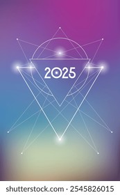 Sacred geometry New Year 2025 festive greeting card. Esoteric Holiday design on cosmic background for spirituality related event or calendar