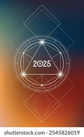 Sacred geometry New Year 2025 festive greeting card. Esoteric Holiday design on cosmic background for spirituality related event or calendar