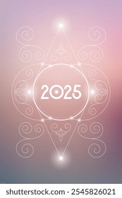 Sacred geometry New Year 2025 festive greeting card. Esoteric Holiday design on cosmic background for spirituality related event or calendar