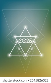 Sacred geometry New Year 2025 festive greeting card. Esoteric Holiday design on cosmic background for spirituality related event or calendar