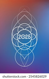 Sacred geometry New Year 2025 festive greeting card. Esoteric Holiday design on cosmic background for spirituality related event or calendar