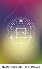 Sacred geometry New Year 2025 festive greeting card. Esoteric Holiday design on cosmic background for spirituality related event or calendar