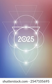 Sacred geometry New Year 2025 festive greeting card. Esoteric Holiday design on cosmic background for spirituality related event or calendar