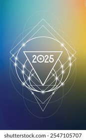 Sacred geometry New Year 2025 festive greeting card. Esoteric Holiday design on cosmic background for spirituality related event or calendar