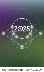 Sacred geometry New Year 2025 festive greeting card. Esoteric Holiday design on cosmic background for spirituality related event or calendar