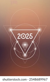 Sacred geometry New Year 2025 festive greeting card. Esoteric Holiday design on cosmic background for spirituality related event or calendar