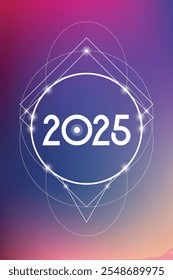 Sacred geometry New Year 2025 festive greeting card. Esoteric Holiday design on cosmic background for spirituality related event or calendar