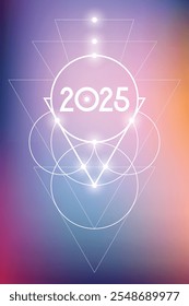 Sacred geometry New Year 2025 festive greeting card. Esoteric Holiday design on cosmic background for spirituality related event or calendar