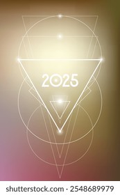 Sacred geometry New Year 2025 festive greeting card. Esoteric Holiday design on cosmic background for spirituality related event or calendar