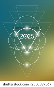 Sacred geometry New Year 2025 festive greeting card. Esoteric Holiday design on cosmic background for spirituality related event or calendar