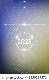 Sacred geometry New Year 2025 festive greeting card. Esoteric Holiday design on cosmic background for spirituality related event or calendar