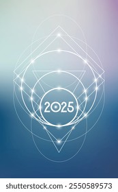 Geometria Sagrada Ano Novo 2025 cartão de saudação festiva. Projeto de feriado esotérico sobre fundo cósmico para evento ou calendário relacionado à espiritualidade