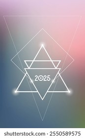 Sacred geometry New Year 2025 festive greeting card. Esoteric Holiday design on cosmic background for spirituality related event or calendar