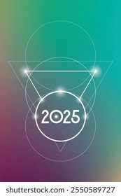 Sacred geometry New Year 2025 festive greeting card. Esoteric Holiday design on cosmic background for spirituality related event or calendar
