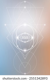 Geometria Sagrada Ano Novo 2025 cartão de saudação festiva. Projeto de feriado esotérico sobre fundo cósmico para evento ou calendário relacionado à espiritualidade