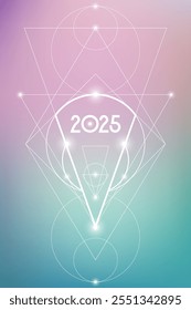 Sacred geometry New Year 2025 festive greeting card. Esoteric Holiday design on cosmic background for spirituality related event or calendar