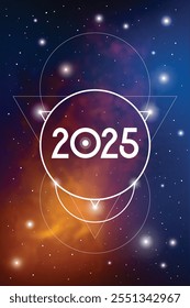 Sacred geometry New Year 2025 festive greeting card. Esoteric Holiday design on cosmic background for spirituality related event or calendar