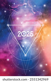 Sacred geometry New Year 2025 festive greeting card. Esoteric Holiday design on cosmic background for spirituality related event or calendar