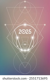 Sacred geometry New Year 2025 festive greeting card. Esoteric Holiday design on cosmic background for spirituality related event or calendar