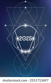 Geometria Sagrada Ano Novo 2025 cartão de saudação festiva. Projeto de feriado esotérico sobre fundo cósmico para evento ou calendário relacionado à espiritualidade