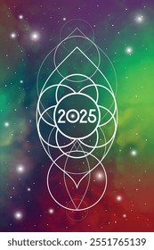 Sacred geometry New Year 2025 festive greeting card. Esoteric Holiday design on cosmic background for spirituality related event or calendar