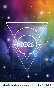 Sacred geometry New Year 2025 festive greeting card. Esoteric Holiday design on cosmic background for spirituality related event or calendar