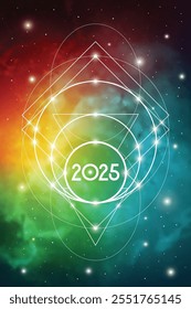 Sacred geometry New Year 2025 festive greeting card. Esoteric Holiday design on cosmic background for spirituality related event or calendar