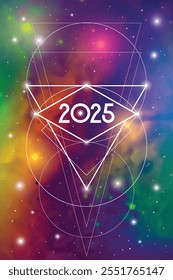 Sacred geometry New Year 2025 festive greeting card. Esoteric Holiday design on cosmic background for spirituality related event or calendar