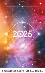 Sacred geometry New Year 2025 festive greeting card. Esoteric Holiday design on cosmic background for spirituality related event or calendar