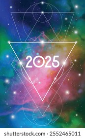 Sacred geometry New Year 2025 festive greeting card. Esoteric Holiday design on cosmic background for spirituality related event or calendar