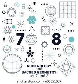 Sacred geometry and numerology symbols vector illustration. Set of numbers seven and eight. Design for meditation, spiritual geometry