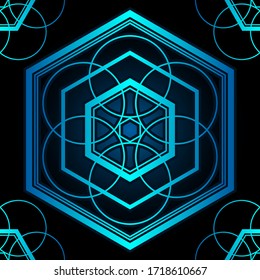 Sacred geometry on a dark blue background. Creative design with vibrant gradients. Simple design. Can be used for social media, posters, email, print, ads designs.