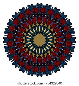 Sacred geometry oriental mandala. Blue, red, gold color floral ornament. Abstract shapes in Asian style. Vector Illustration.
