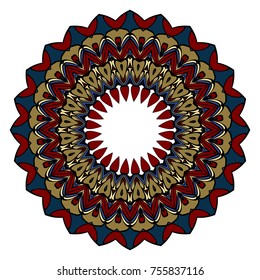 Sacred geometry oriental mandala. Blue, red, gold color floral ornament. Abstract shapes in Asian style. Vector Illustration.