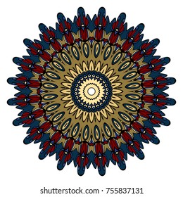 Sacred geometry oriental mandala. Blue, red, gold color floral ornament. Abstract shapes in Asian style. Vector Illustration.